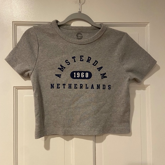 Social Club Tops - Social Club Amsterdam Gray Ribbed Cropped T-Shirt – XL, 100% Cotton